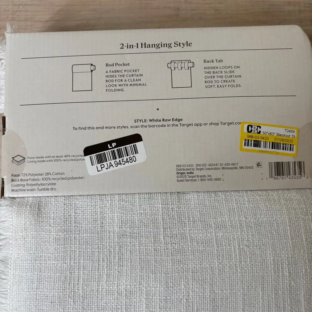 (1) Threshold NWT NIB Blackout Slub Weave Raw Edge Curtain Panel White 50x63